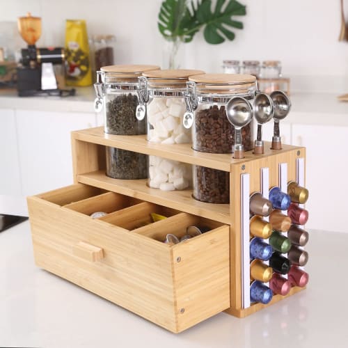 Ken's Kitchen Coffee Bean Storage Containers, Glass Canisters with Lids and Spoons, Coffee Beans, Coffee Grounds, Tea Bag Storage Rack, Tea Bag Holder