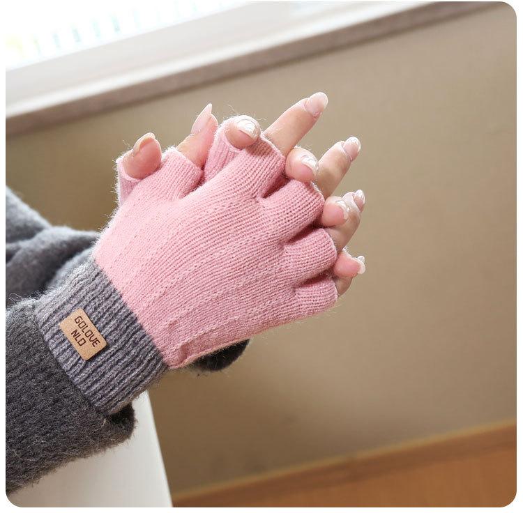 Half finger flip gloves winter ladies cute fleece cold-proof warm wool knitted autumn and winter dew fingers