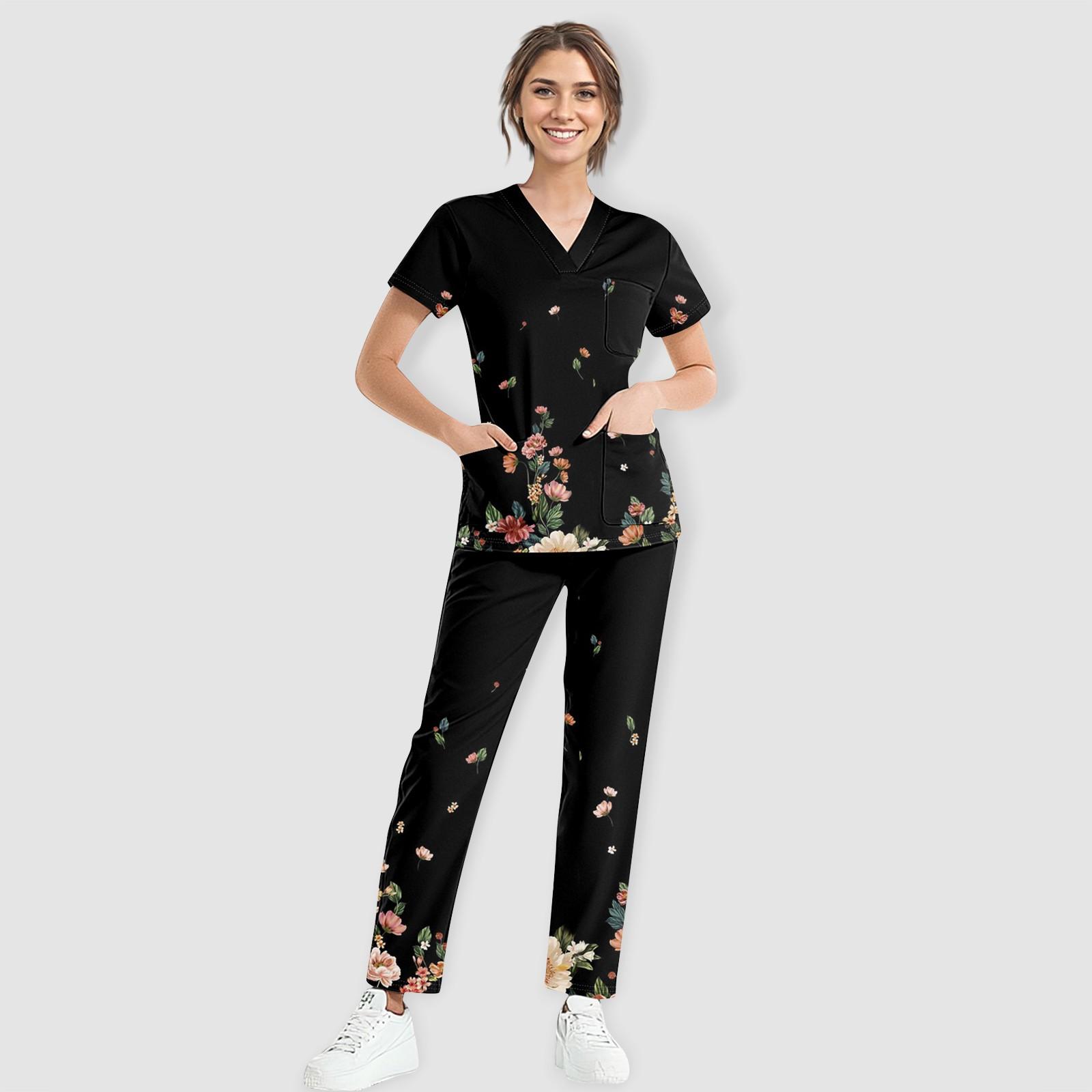 

Женский рабочий топ с коротким рукавом, V-образным вырезом, цветочным принтом, нагрудным карманом, эластичным поясом, брюки, комплект из двух предметов, 3 кармана, женские топы-халаты XXXL чёрный