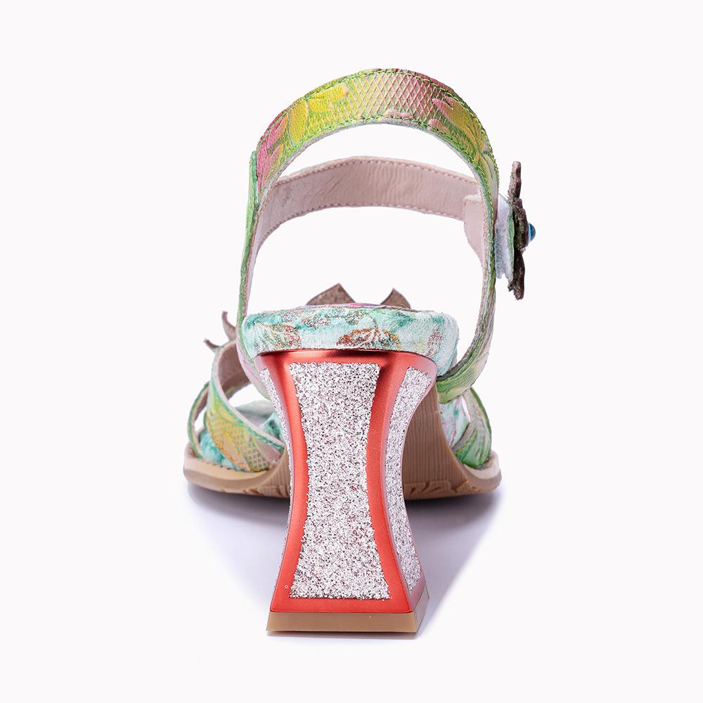 Johnature Women's Summer Shoes Genuine Leather Painted Retro Contrast Comfortable High Heeled Sandals