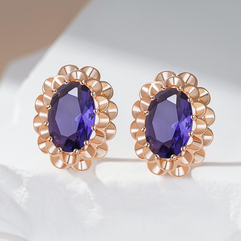 Classic Big Purple Natural Zircon English Earrings For Women Rose Gold Color Crystal Flower Daily Vintage Jewelry