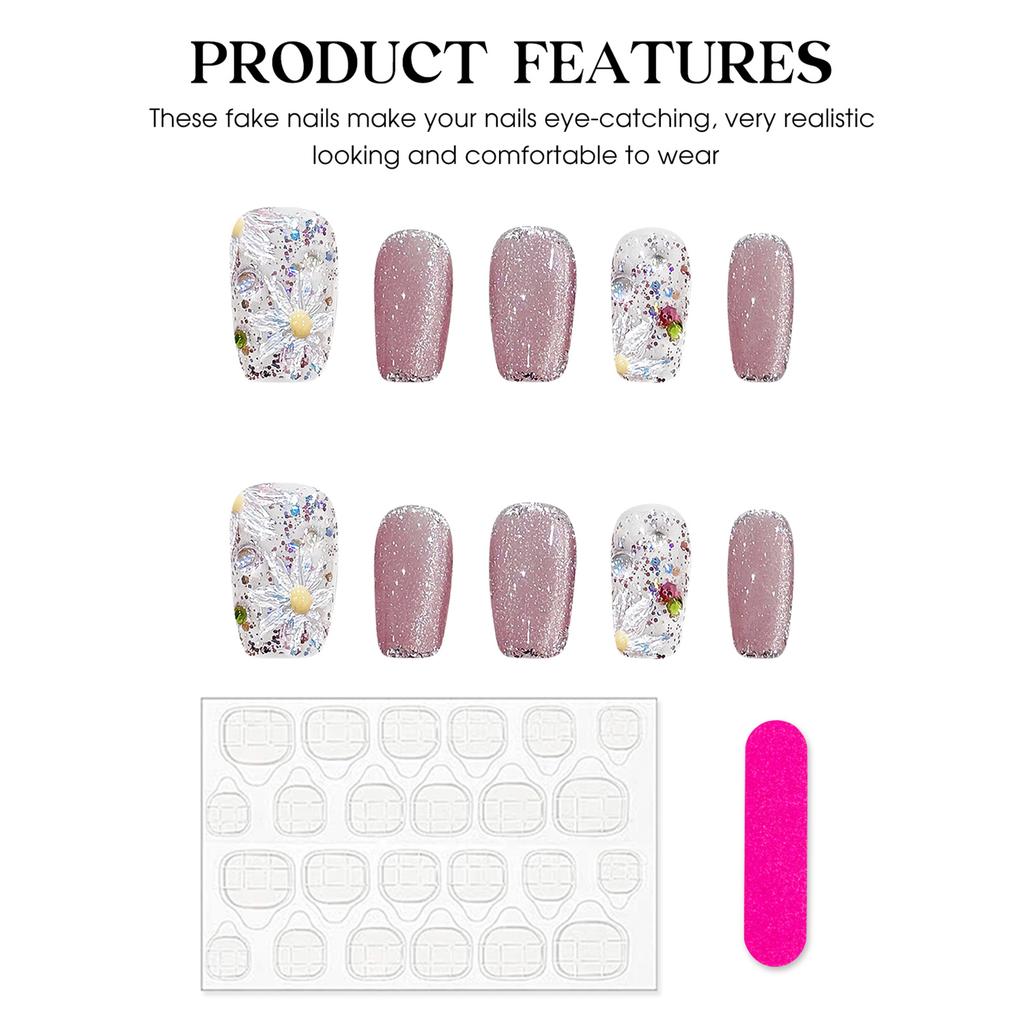 10Pcs Artificial Nail Tips with Cat Eye Flower Design for Women Manicure