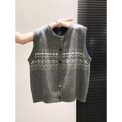 Retro Jacquard Layering Ärmellose Weste Gestrickte Weste Für Damen Herbst Winter Neuer Stil Color Block Einreiher Oberteil Cardig