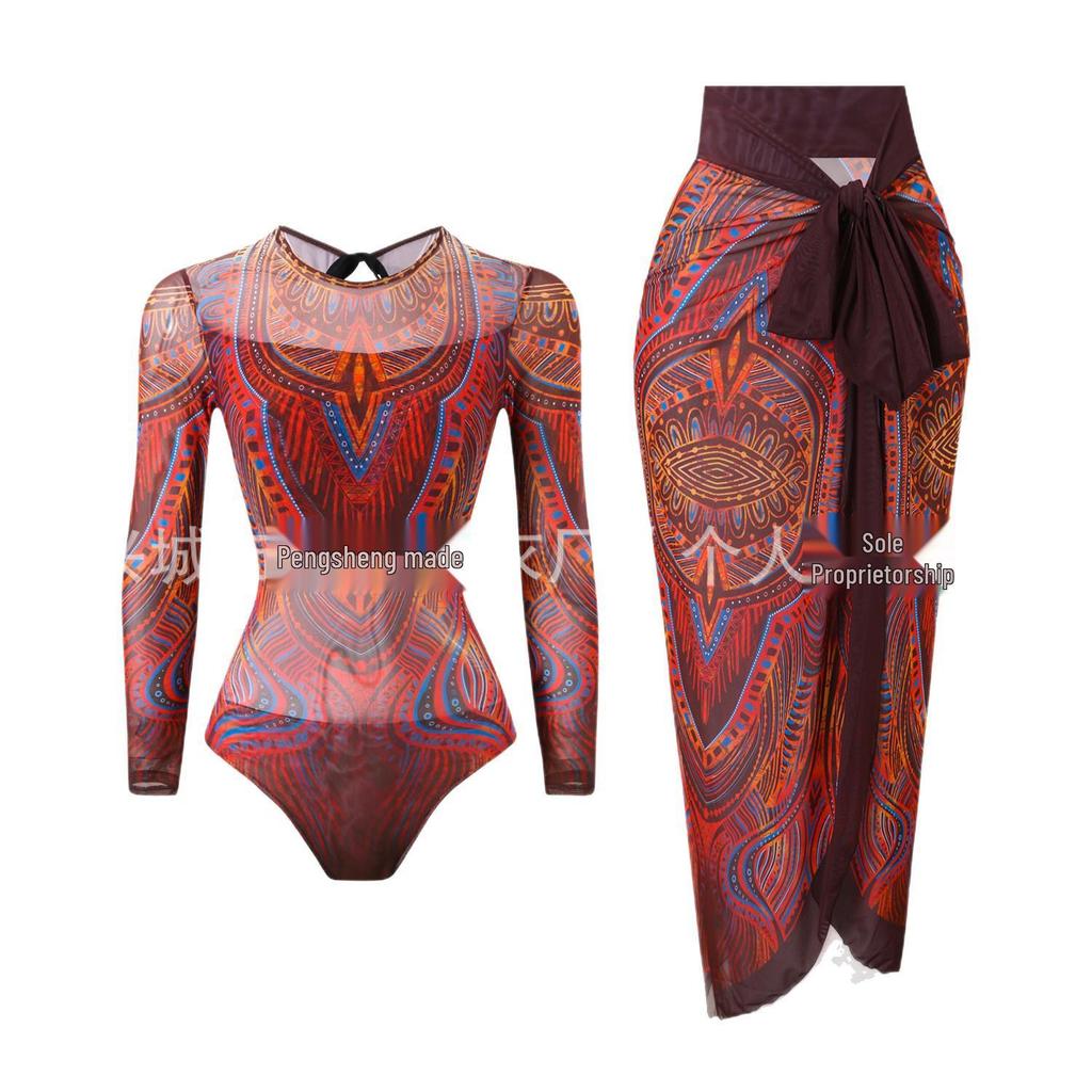 Women's Long Sleeve Mesh Sun Protection One-Piece Swimsuit with Skirt