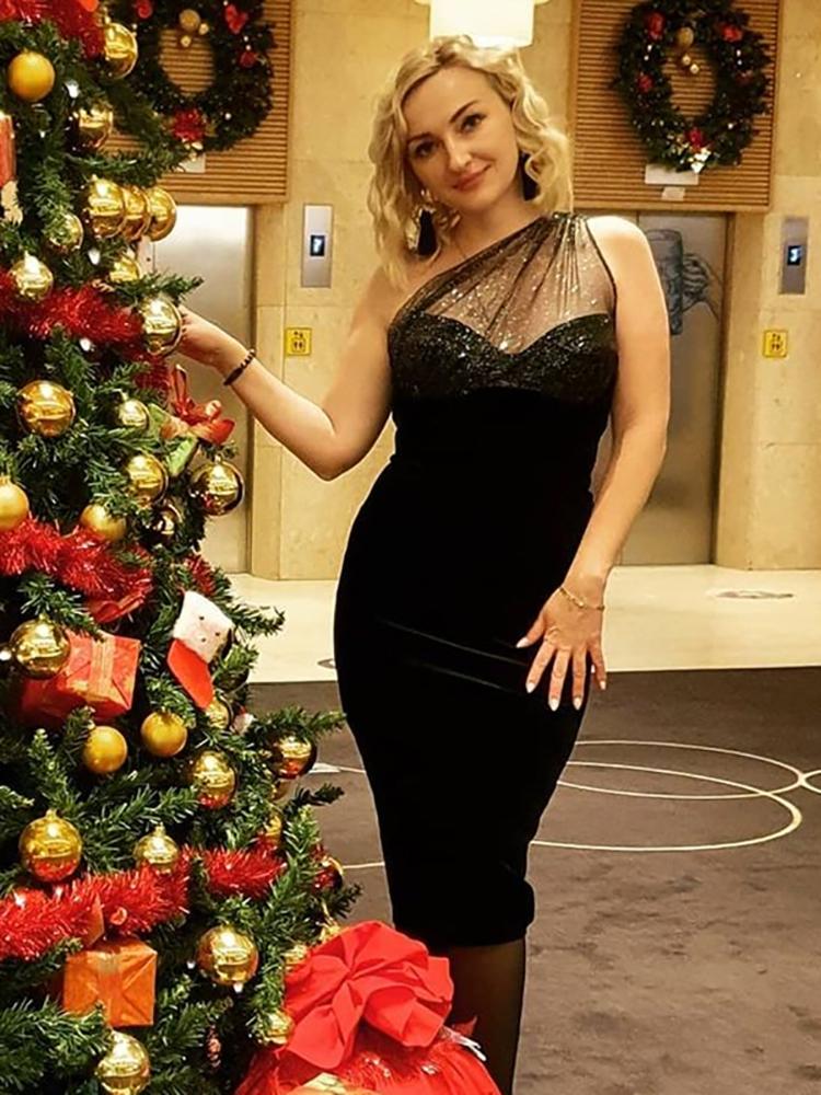 Single Shoulder Midi Dress Cut Out Mesh Velour Sexy Split Black Dress Woman Elegant Fashion Bodycon Party Wear