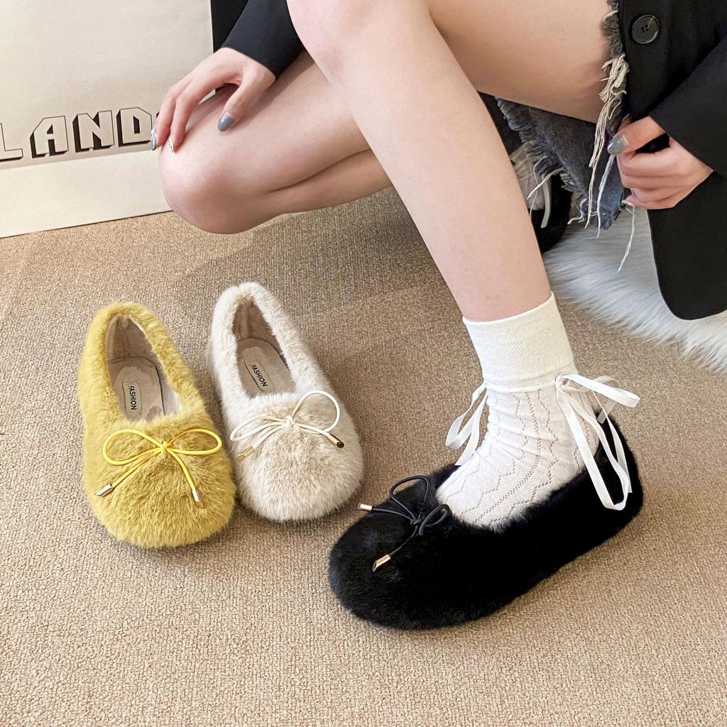 Gentle Fairy Wind Fluffy Shoes Female Outer Wear 2025 Autumn and Winter New Korean Version Cotton Shoes Flat-bottomed Velvet Doudou Shoes