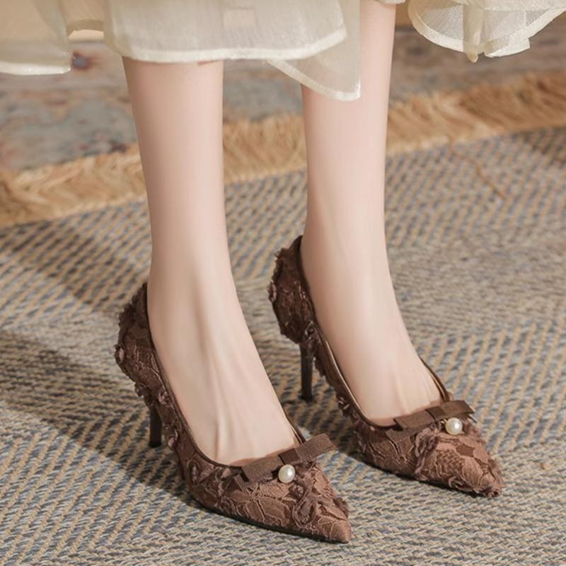 Fashion Flowers Bow Women Lace Mesh Pointy Toe High Heels Elegant Ladies Designer Stiletto Pumps Summer Dress Shoes Black Pink
