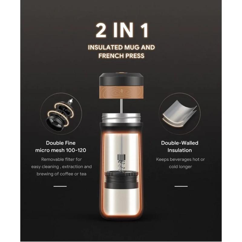 Cafeteira Prensa Francesa Portátil 2 em 1 de 12 oz para Viagem Acampamento Aço Inoxidável Caneca Térmica Isolada a Vácuo para Café Chá