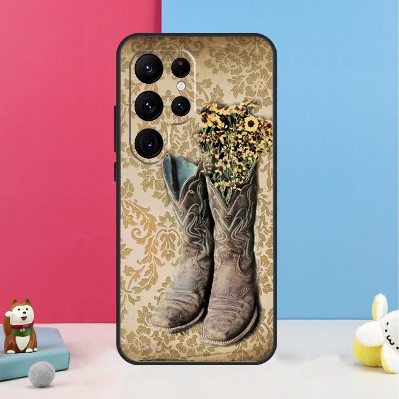 Western Cowgirl Cowboy Boots Cowhide Case For Samsung Galaxy S26 S23 Ultra S20 S21 S22 S24 S25 Plus S10 S25 FE Back Cover Shell