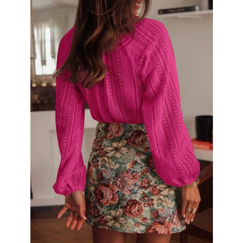 Loose Fashionable Hollow Lace V Neck Long Sleeve Shirt For Women