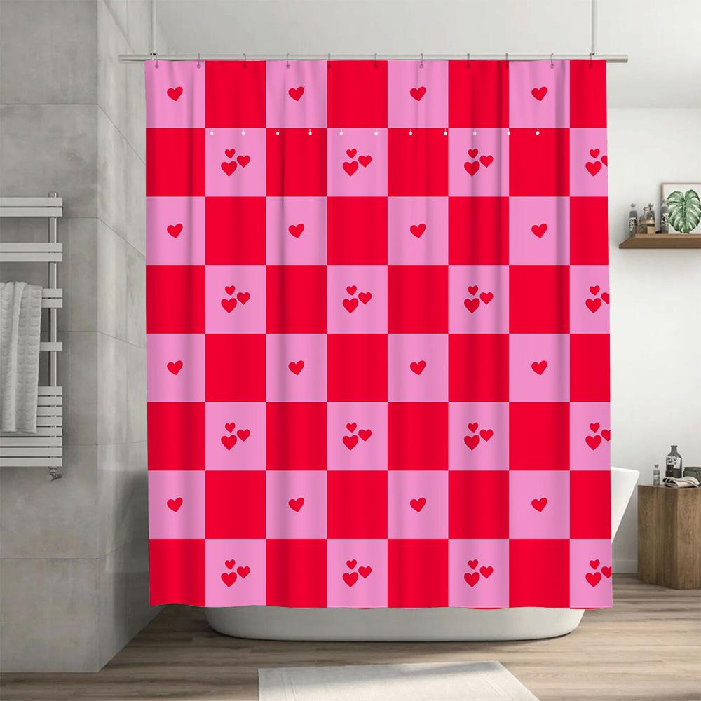 Pink Red Love Heart Checkered Shower Curtain Home Bathroom Decor Waterproof Plastic Rod Pocket 72 x 84 inches (183cm*213cm) Free
