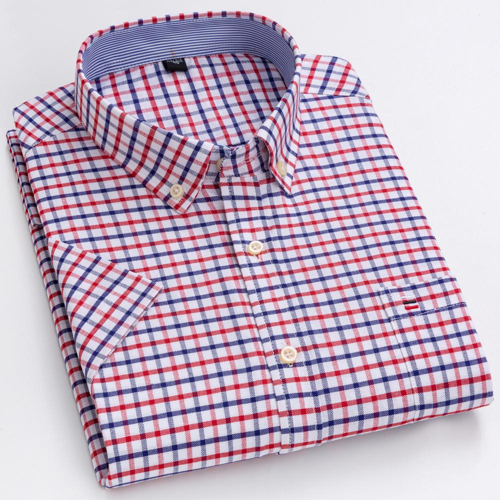 Pánská jarní letní košile s krátkým rukávem ze 100% bavlny Oxford s kapsou, kostkovaná, ležérní, lehká, prodyšná, odolná, ginghamové košile