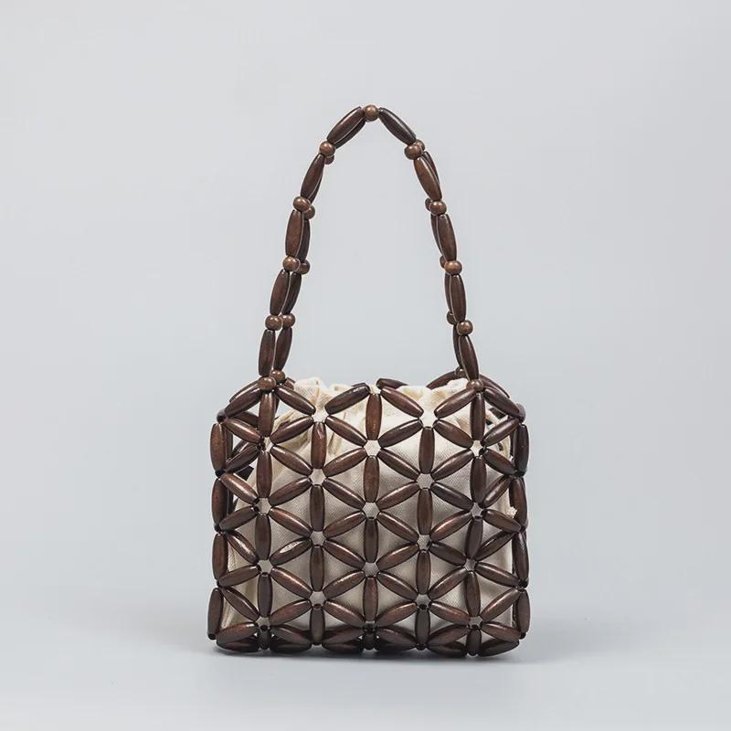 ENSPT Hand-Woven Wooden Beads Women's Summer Handbag - Trendy Niche Design for Commuters