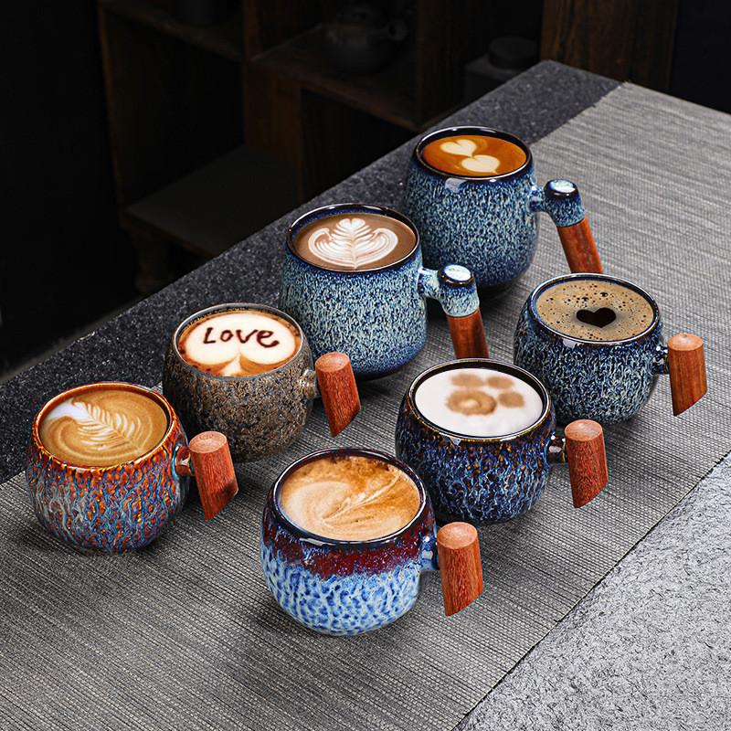 Kiln Change Ceramic Tea Cup with Wooden Handle Creativity Milk Cup Suitable for Office and Home