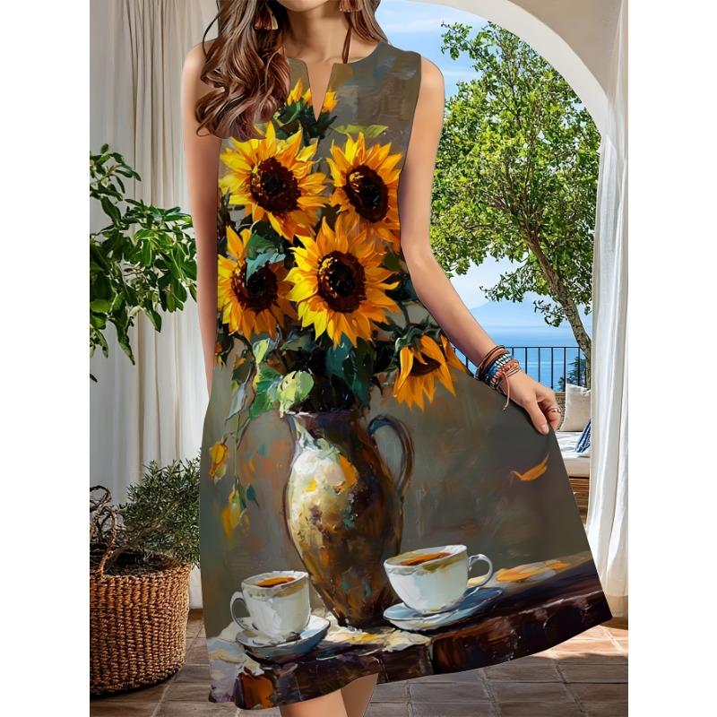 Women's Sleeveless V Neck Dress with Sunflower Casual Flowy Midi Dress for Summer Beach Vacation Tropical Boho Daily Outfit
