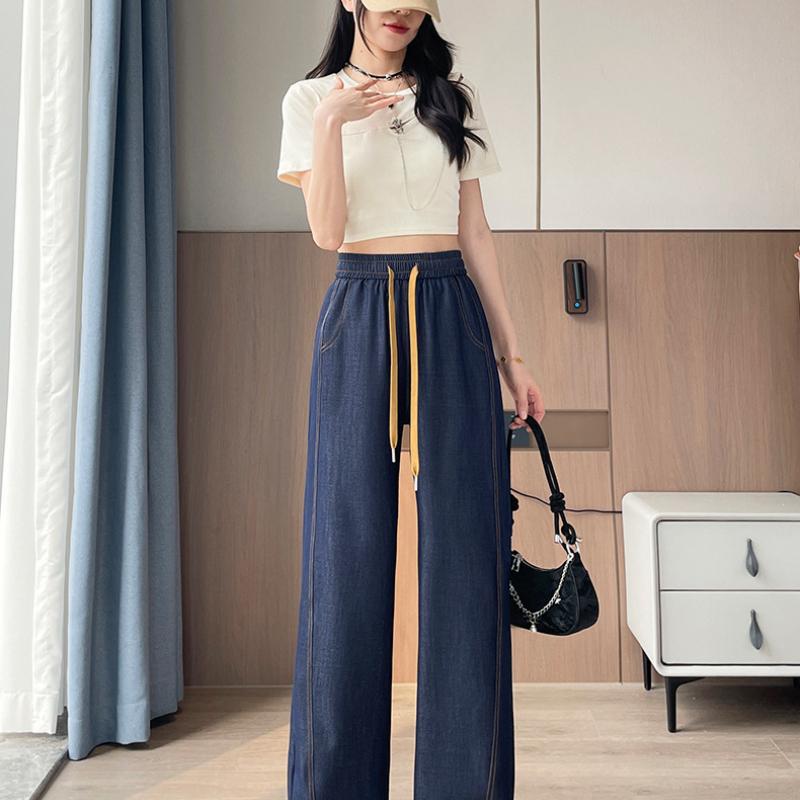 New Denim Dark Blue Wide-Leg Jeans Spring Summer Ice Silk Straight-Leg Floor-Length Pants