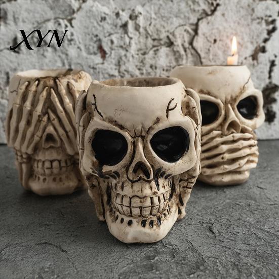 Spooky Skeleton Decor See Hear Speak No Evil Skull Figurine, Halloween Resin Party Prop Statue for Mantel, Table, Gothic Home Figurine