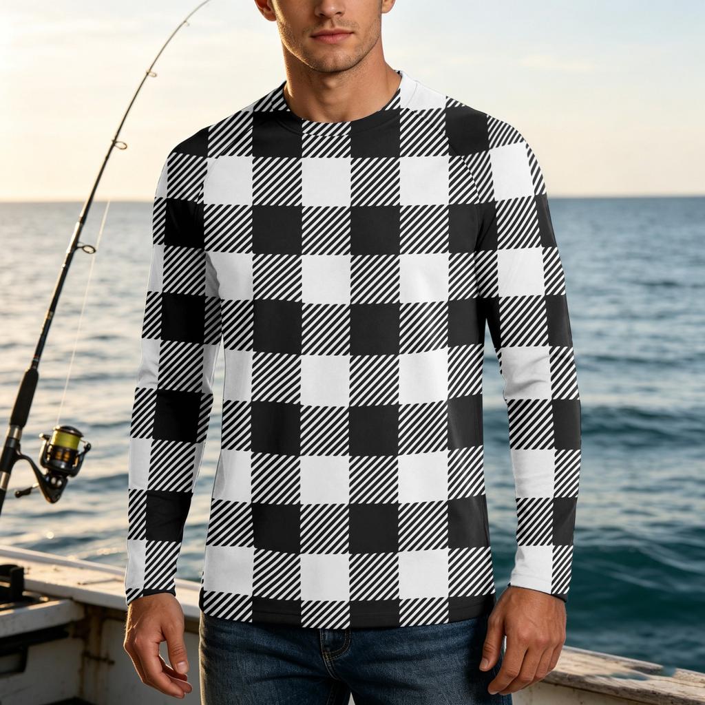 Men Long Sleeve UPF 50 Plus Sun Protection Shirt Outdoor Sports Fishing Casual Top Lightweight Breathable Quick Dry Crewneck Plaid Design