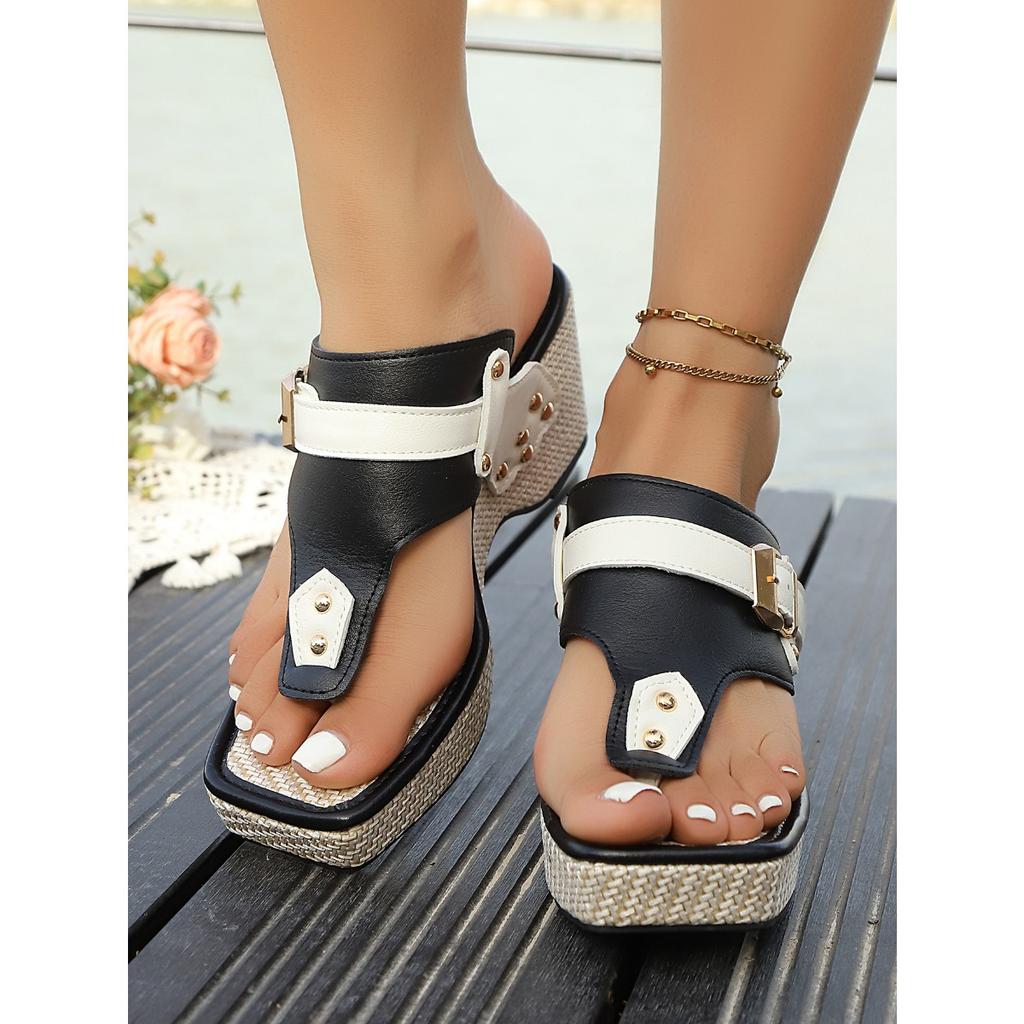Ladies' Thick Soled Wedge Sandals with Metal Nail Buckle Design - Square Toe Breathable Fabric Cover, Shock-absorbing Rubber Sole, Non Slip Shoes