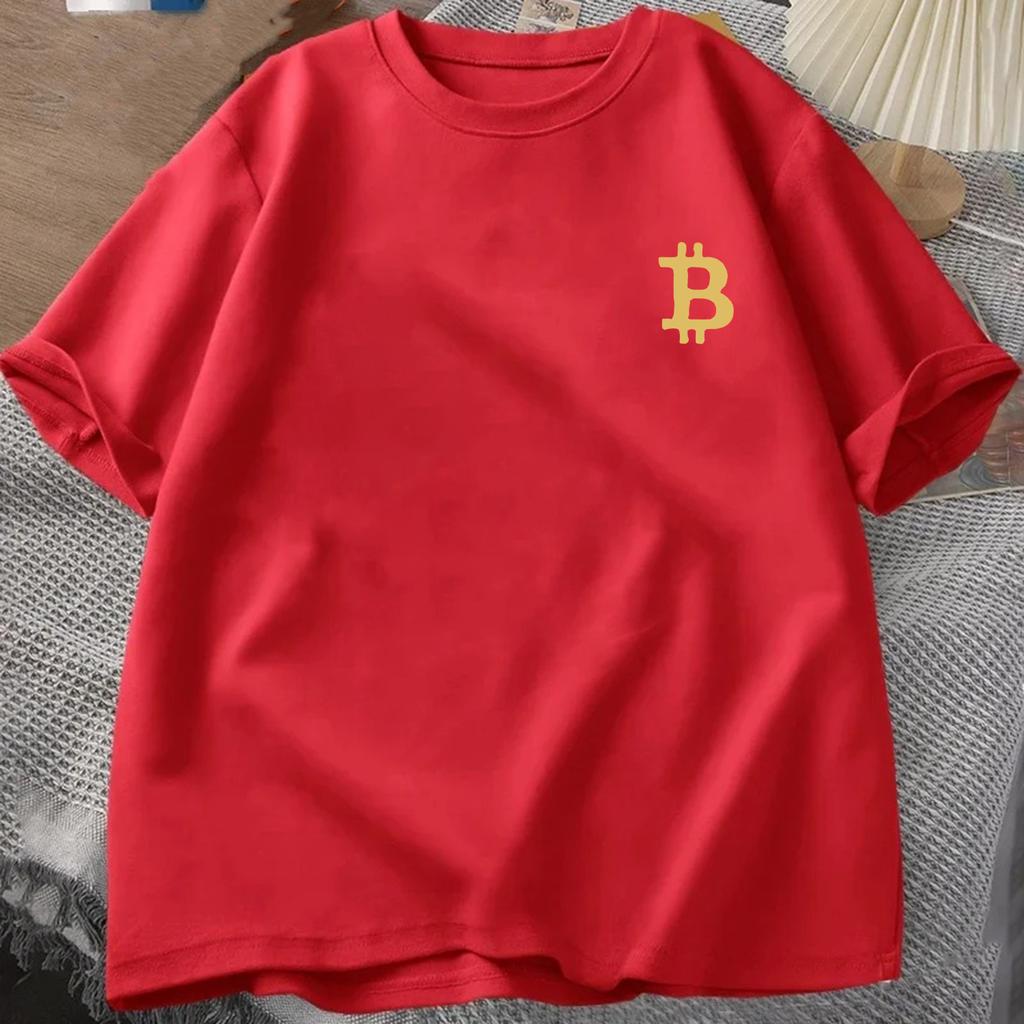 Golden 3D Bitcoin Logo T-shirt Summer Men's Trucksuit Round Neck Short Sleeve Tops Cotton Sportswear Casual Fashion Sweatshirt