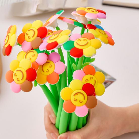 2Pcs Sunflower Gel Pen with Soft Silicone Grip Cute Smile Face