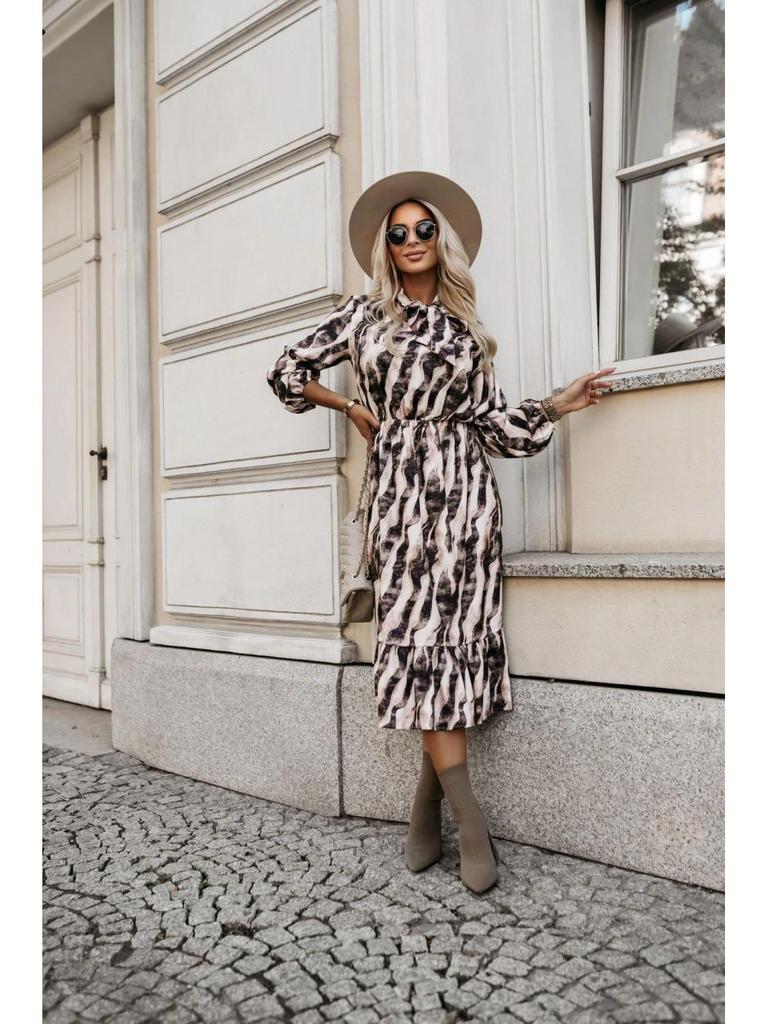 European and American Fashion Zebra Print Long Sleeve Dress with Bow Waist