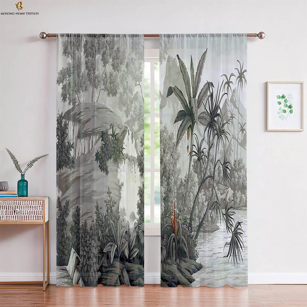 2pcs Tropical Vegetation Leaves 3D Printed Curtain Rod Pocket Machine Washable Bedroom Living Room Kitchen Decorative Curtains