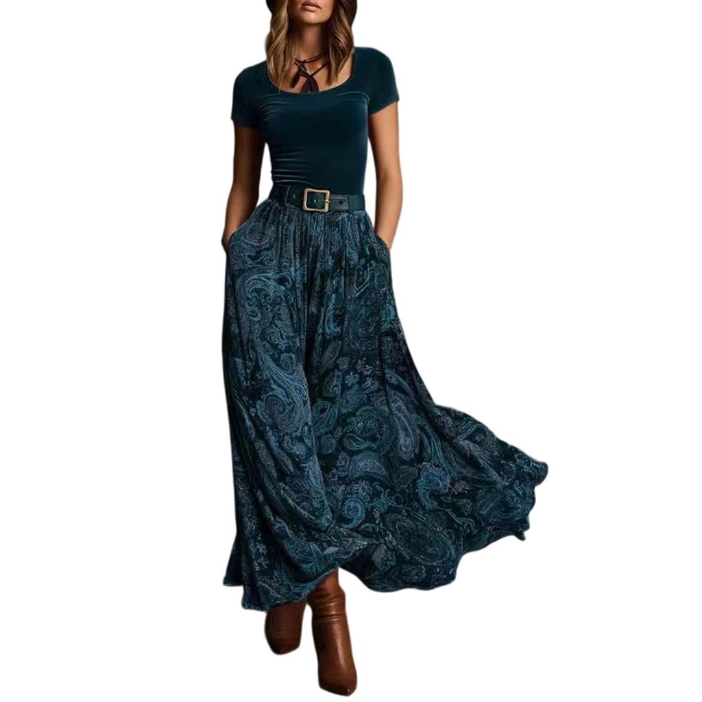 Women Vintage Velvet Patchwork Elegant Style Belted Waist Flared Long Dress Maxi Dress with Belt Casual Boho Style