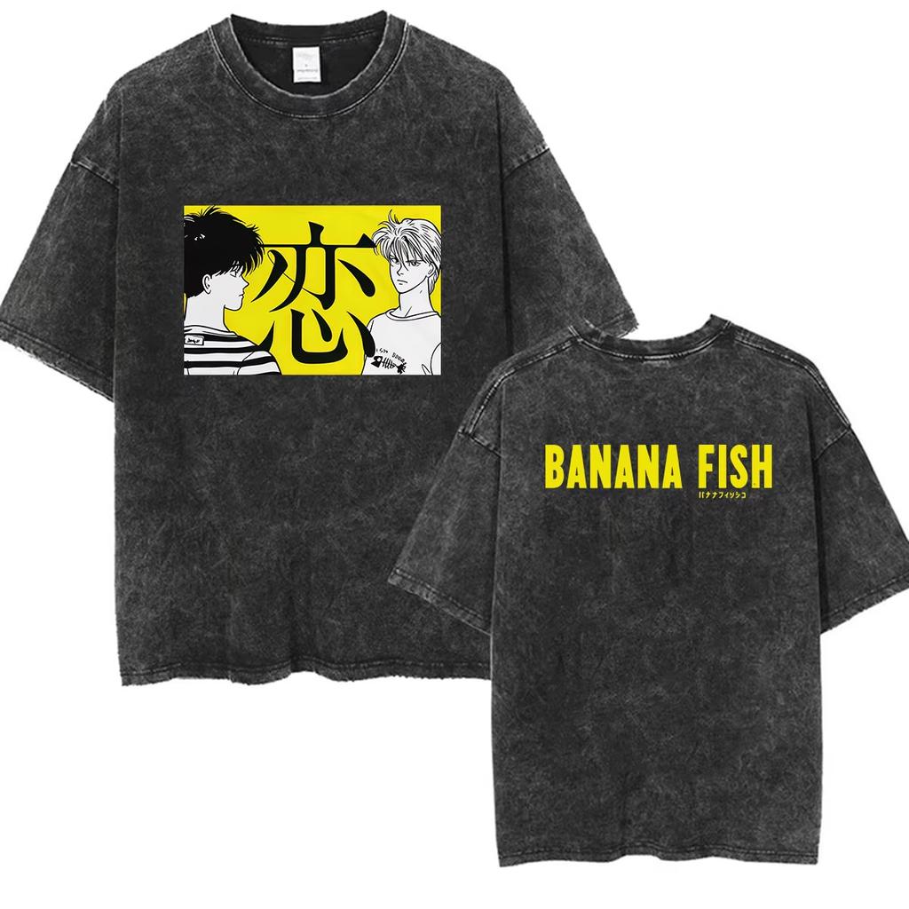 Summer Hot Sale Anmie Banana Fish Washed Vintage Graphic Tshirt Men Women Vintage Top Y2k Hip Hop Streetwear Oversized Tshirt