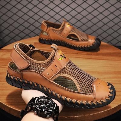 Handgefertigte Sommersandalen Herren Atmungsaktive Lederschuhe Mann Retro Outdoor Herrensandalen Rutschfest Strandsandalen Lochschuhe Schuhe