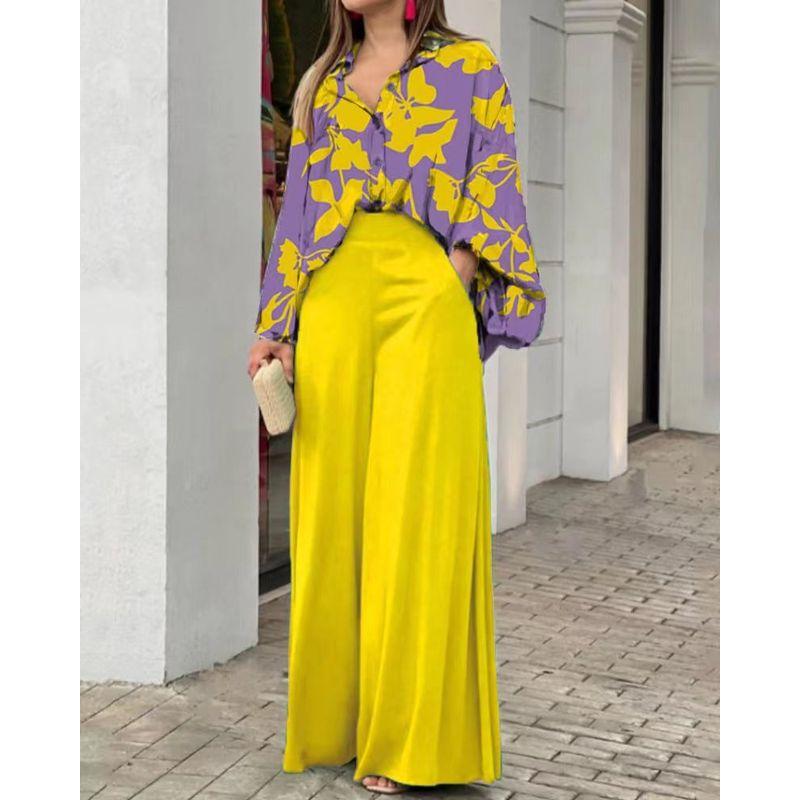 Loose Casual Top Wide Leg Pants Printed Shirt