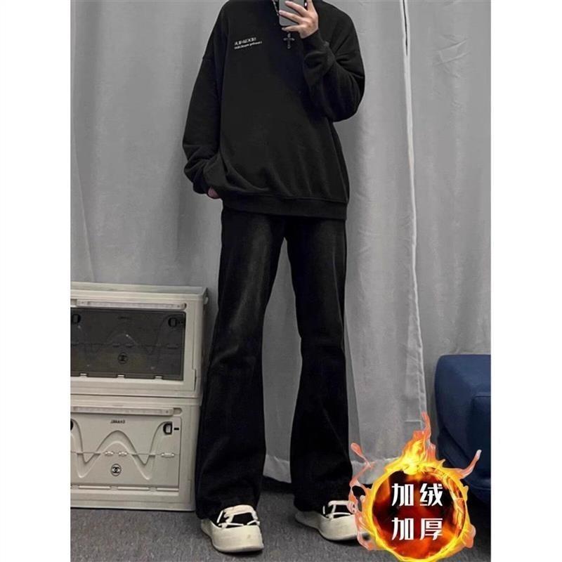Mid-waist temperament, sports quality, semi-elastic waist, black micro-pull jeans, new trend ins simple