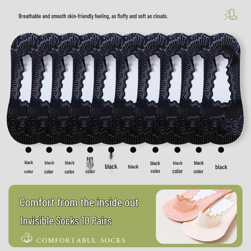 Women's Low-Cut Lace Boat Socks - Pure Cotton, Non-Slip, Breathable, Summer Thin, No-Slip Heel, Short Style.