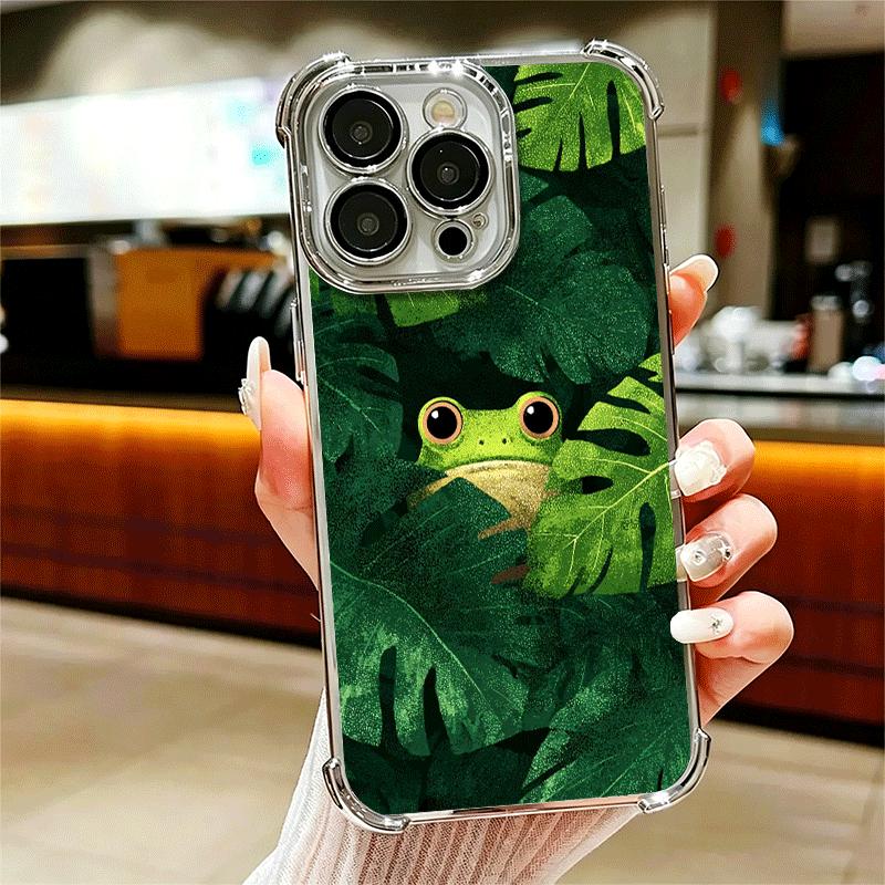 Cute Cartoon Frog Plating Phone Case For Iphone 16 17 Pro Max Air 16E 14 15 Plus 12 13 Mini Anti-Fall Airabag Cover