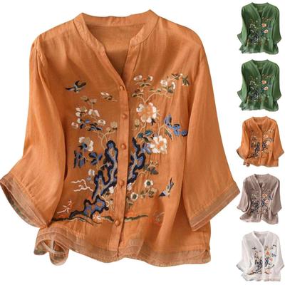 Mode Dames Blouse Driekwart Mouw Lente En Zomer Losse Top Geborduurde Blouse