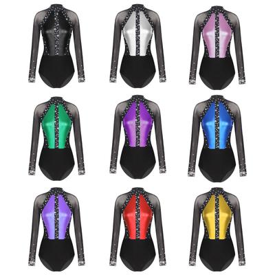 Womens Sparkling Rhinestones Leotard Keyhole Back Sheer Mesh Long Sleeve Bodysuit for Gymnastics Dance Figure Skating
