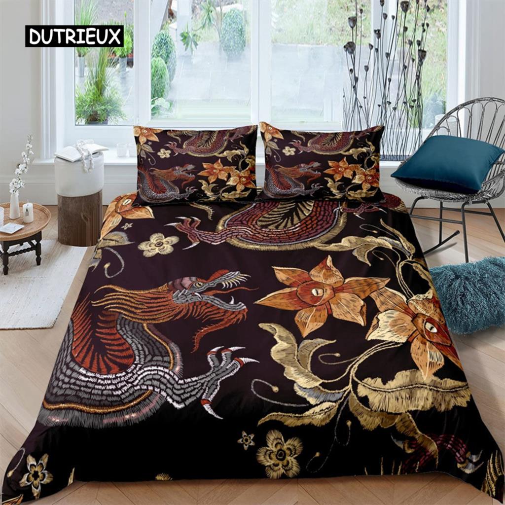 Red Flame Dragon Duvet Cover Set Chinese Dragon Culture Fairy Tale Bedding Sets Microfiber For Children Women Men Bedroom Decor