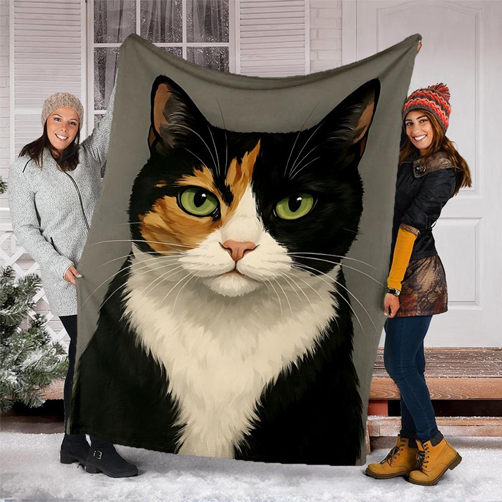 1pc Calico Cat Outdoor Flannel Blanket Soft All Season Polyester Throw , Perfect for Picnics & Travel , Picnic Accessory