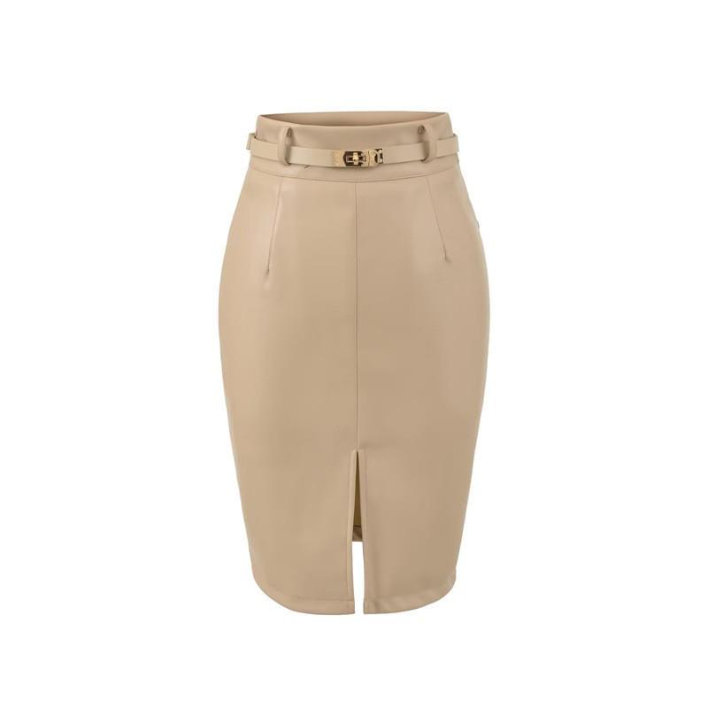 Elegante Damen Midi-Lederrock aus schwarzem PU-Leder mit Gürtel - Hoher Bund, Schlankmachender Schnitt, Schlitz vorne, Hüftbetontes Design, Perfekt für Herbst/Winter