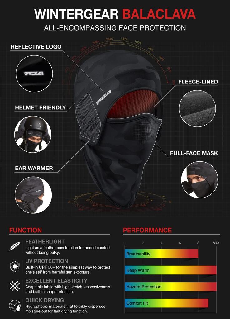 Tesla Sturmhaube Gesichtsmaske für Damen und Herren Fleece mit Nacken Camouflage Helm Winterbekleidung für und Motorräder [Warm, Fleecegefüttert, Feuchtigkeitsableitend,