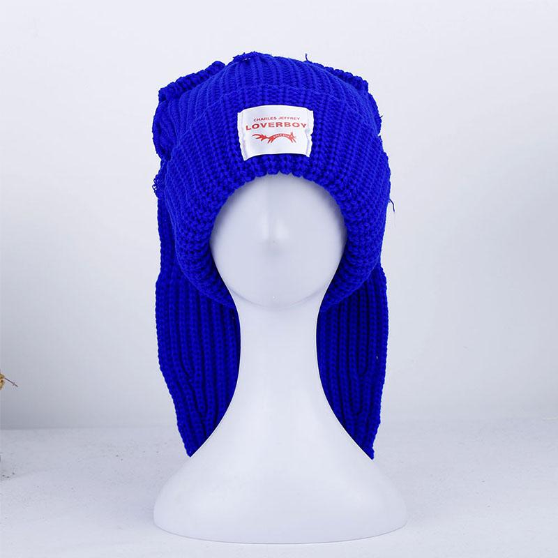 

Вязаные шапки-бини, забавная шапка с милым кроликом и длинными ушками, пушистая зимняя шапка, теплая вязаная шапка с черепом и кроличьим крючком, уличная шапка с напуском синий