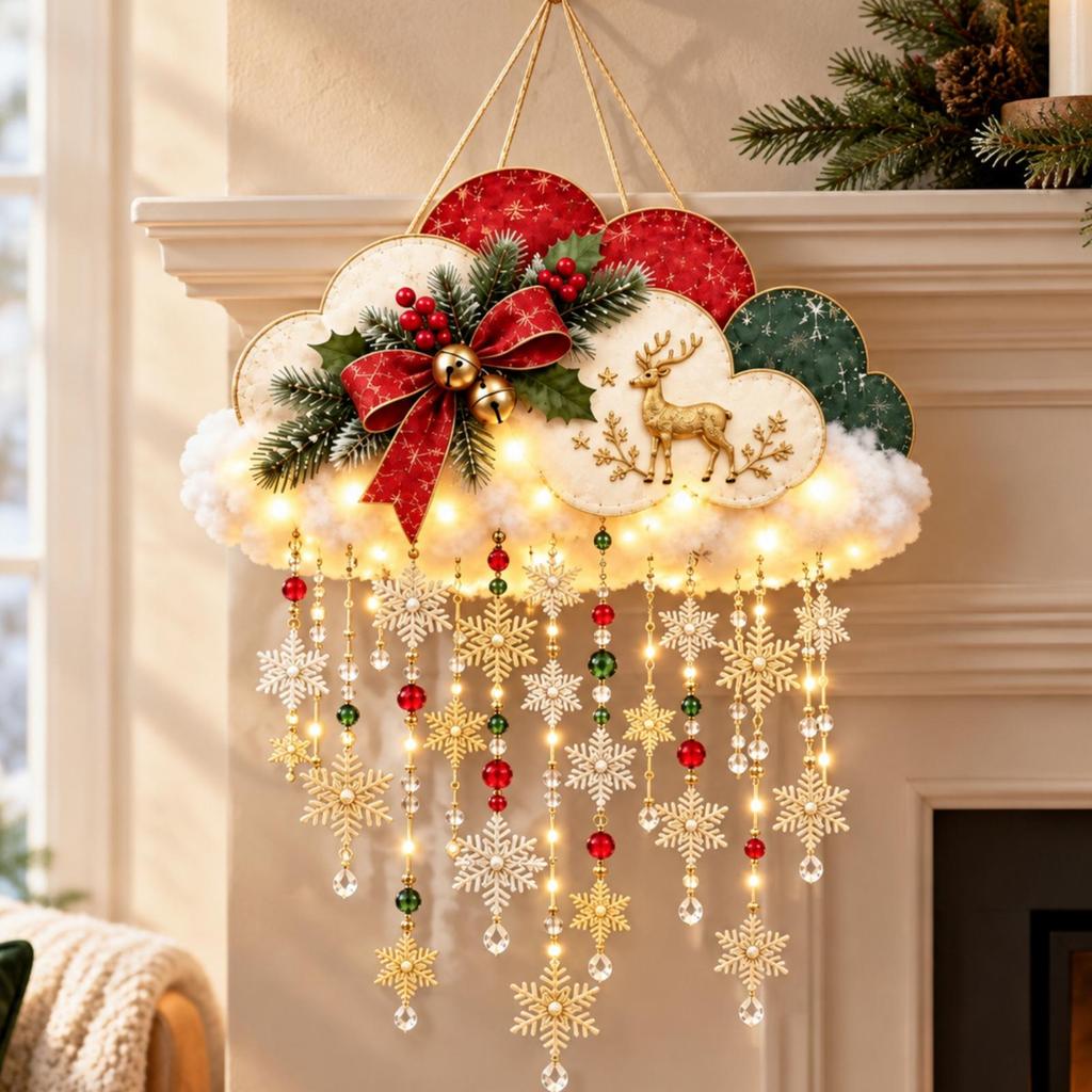 Snowflake Puff Hanging Decoration Lighted LED Felt Christmas Decor Ready to Hang