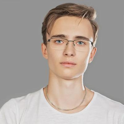 Men's Stylish Half-Frame Metal Glasses: Anti-Blue Light, Myopia-Compatible.