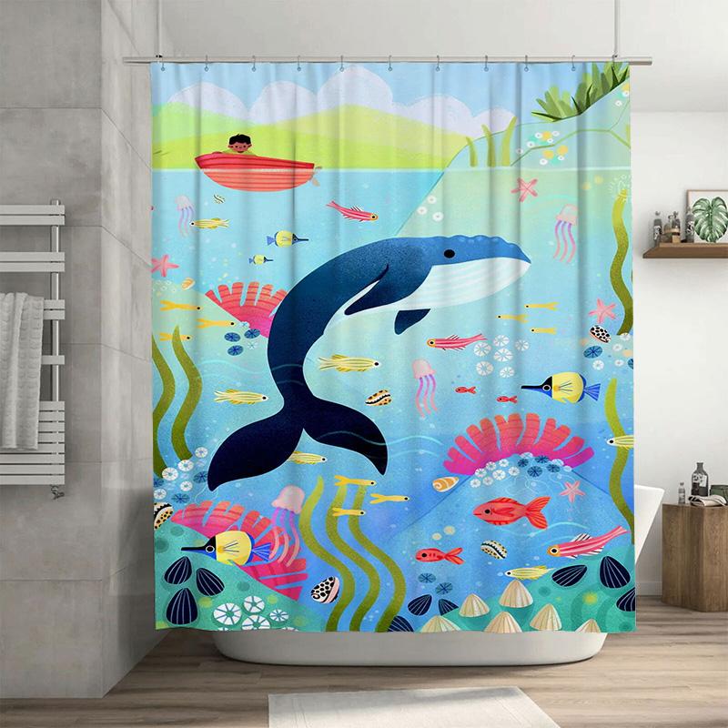 Animal Kingdom Bath Shower Curtain Set Blue Whale Fish Ocean Life Decor for Bathroom 72 Long Polyester Fabric with Plastic Hooks