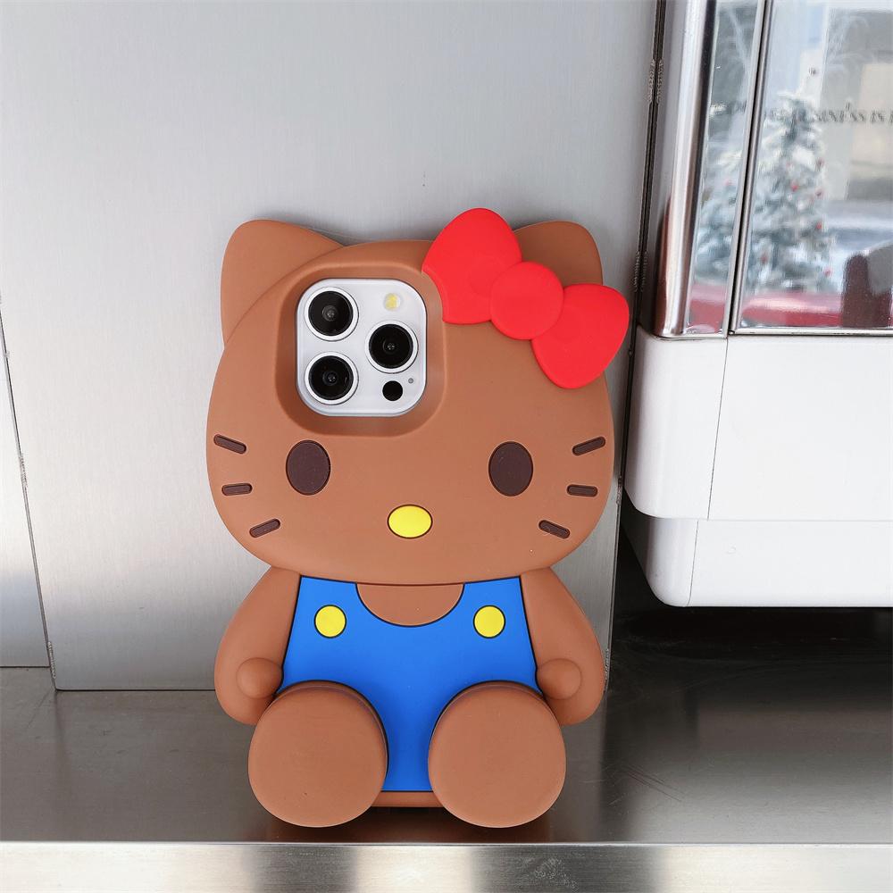 Sanrio Hello Kitty 3D Cartoon Strik Kawaii Houder Hoesje Voor iPhone 11 12 13 14 15 16 Pro Max Plus Mini Y2K Anti Val Siliconen Hoesje For iPhone 16 Pro bruin