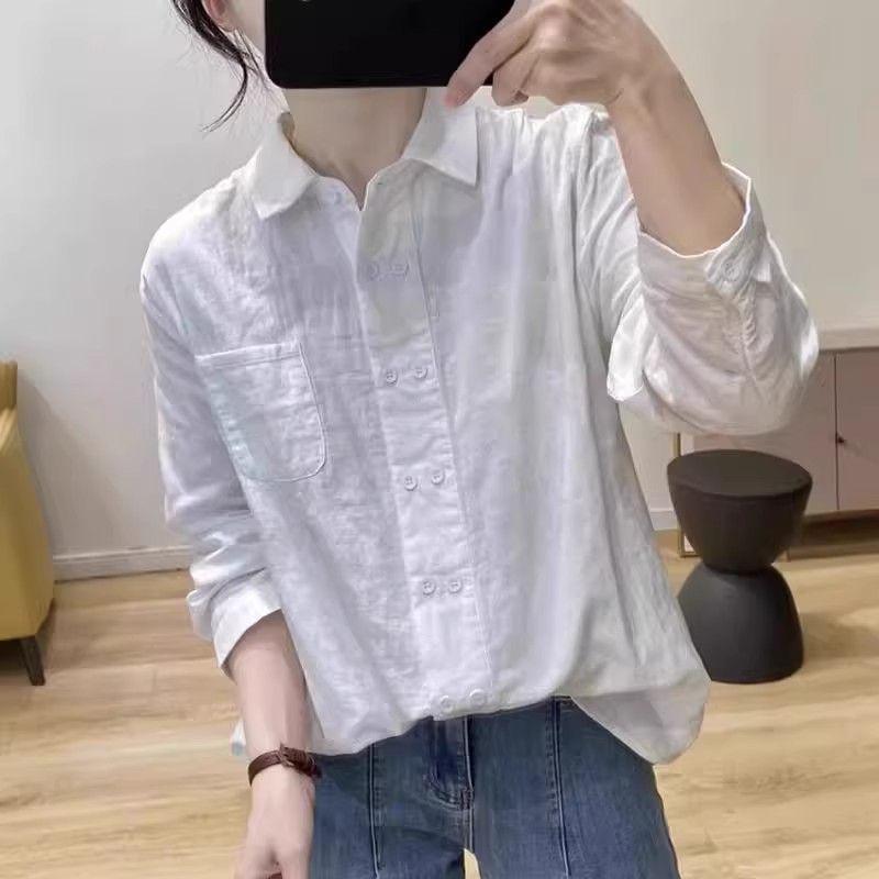 Women's Retro Double-Breasted Cotton Linen Long-Sleeve Polo Shirt