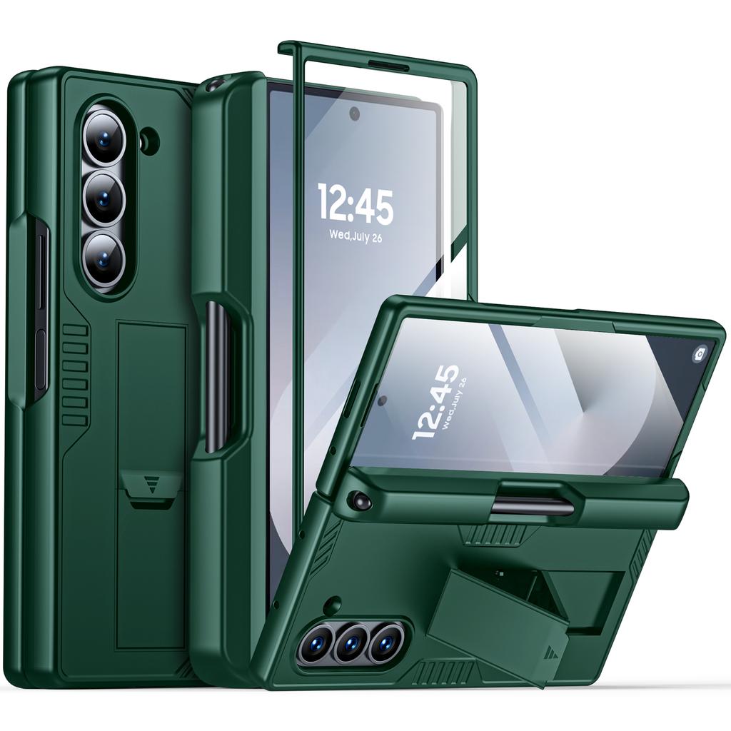 for Samsung Galaxy Z Fold 6 Phone Case With S Pen Holder, Hidden Stand, Screen Protector, Sturdy Shockproof Protective Case-Black