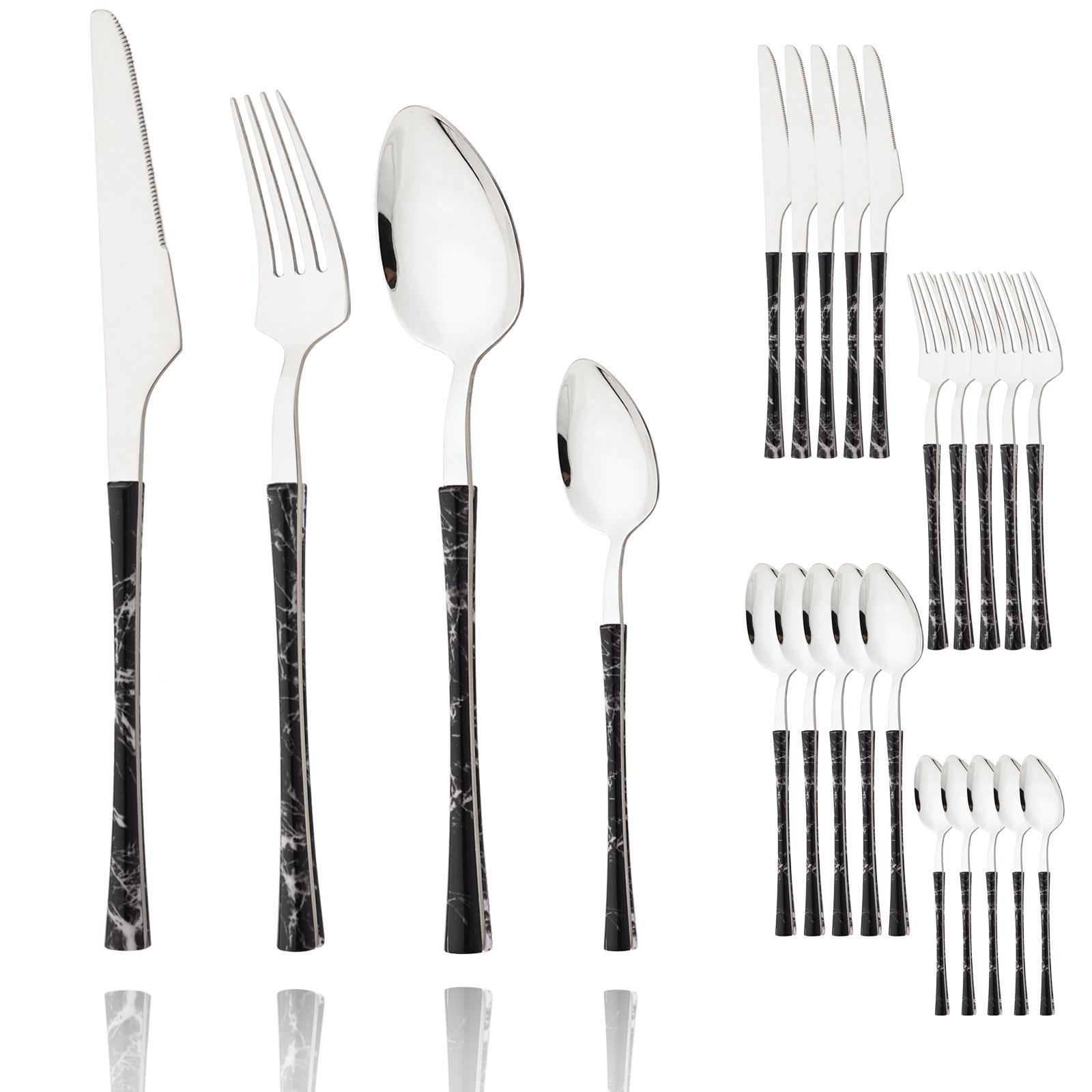 

24 шт., посуда с деревянной ручкой, домашний кухонный набор столовой посуды, нож, вилка, ложка, чайная ложка, имитация мрамора, зеркало из нержавеющей стали, сервис на 6 шт. серебряный/чёрный