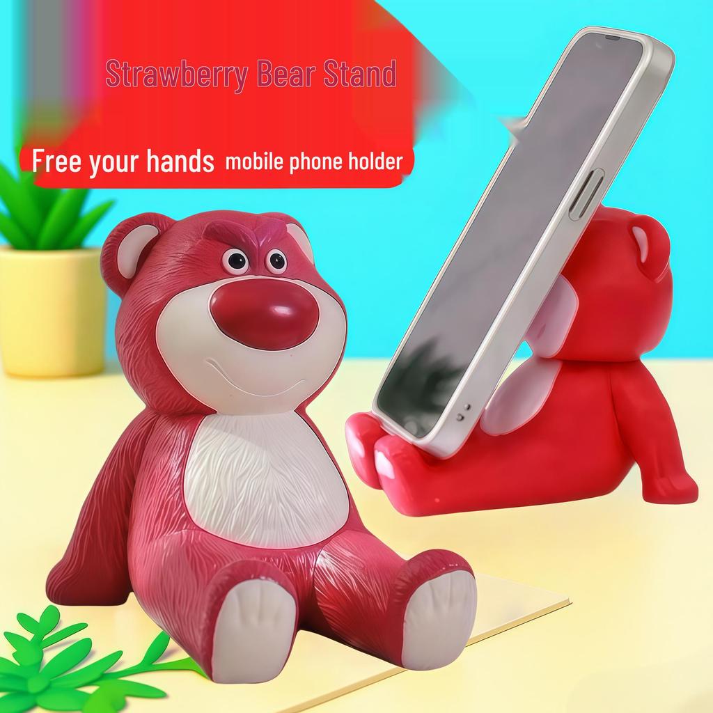 Adorable Strawberry Bear Phone & Tablet Stand - Cute Anime Style Desktop Ornament