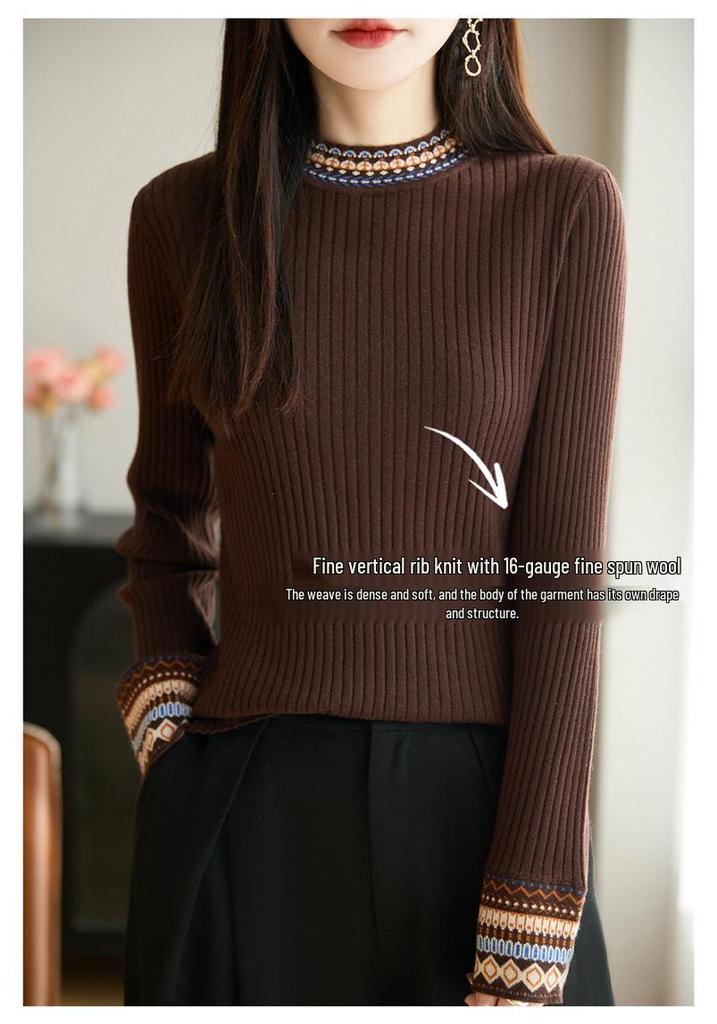 Women's Ethnic Style Jacquard Knit Sweater: Round Neck, Long Sleeve, Loose Fit - Autumn/Winter Collection
